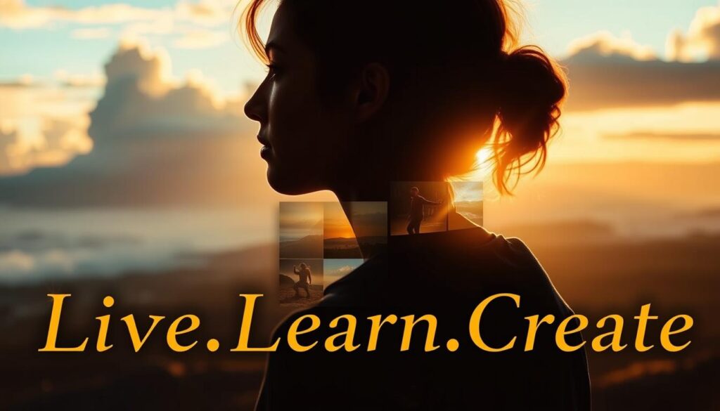 A breathtaking scene of personal transformation, captured in vivid detail. In the foreground, a person stands with a determined gaze, their silhouette illuminated by a warm, golden light. In the middle ground, a series of smaller vignettes depict their journey - moments of struggle, reflection, and ultimately, triumph. The background is a serene, dreamlike landscape, suggesting the vast potential that lies ahead. The overall mood is one of inspiration and hope, inviting the viewer to consider their own path to growth and change. "Live.Learn.Create" - a testament to the power of self-discovery and the beauty of the human experience.