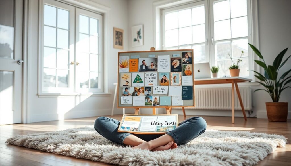 A bright and airy home studio, bathed in natural light from large windows. In the foreground, a person sits cross-legged on a plush rug, their hands resting on a vision board before them. Colorful images, inspiring quotes, and goal-setting materials are carefully arranged on the board. Behind them, a minimalist desk with a Live.Learn.Create nameplate, a laptop, and a potted plant. The atmosphere is serene and focused, conveying a sense of daily ritual and intentional progress.