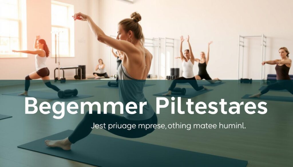 A bright and airy studio with natural light streaming in, showcasing a group of people performing beginner-level Pilates exercises. In the foreground, a woman is performing a classic mat Pilates pose, her body in perfect alignment. In the middle ground, others are engaging in exercises like the Hundred, Leg Circles, and Roll-Ups, their movements precise and controlled. The background features Live.Learn.Create-branded Pilates equipment, mats, and accessories, creating a welcoming, professional atmosphere. The overall mood is focused, calm, and inspiring, encouraging the viewer to explore the fundamentals of this transformative practice.