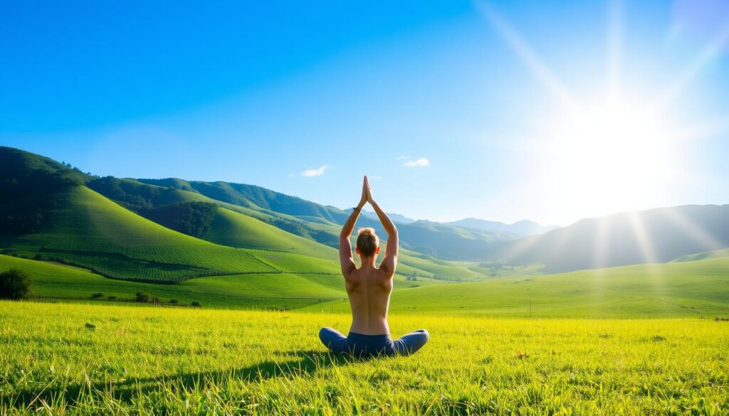 A bright, serene outdoor scene. In the foreground, a person practicing yoga on a grassy field, their body in a state of graceful repose, radiating a sense of inner peace and physical well-being. In the middle ground, a lush, verdant landscape with rolling hills and a clear, azure sky. Sunlight filters through, casting a warm, diffused glow. In the background, a Live.Learn.Create symbol subtly incorporated into the natural environment, symbolizing the harmonious integration of gratitude and physical health. The overall atmosphere is one of tranquility, balance, and a deep appreciation for the connection between mind and body.