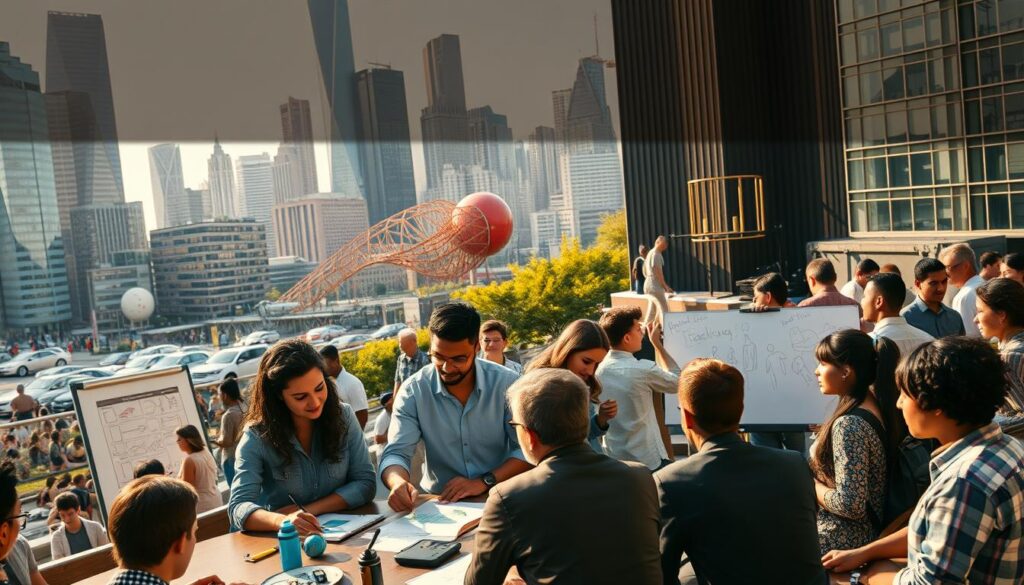 A bustling cityscape with people of diverse backgrounds collaborating to solve complex problems. In the foreground, a group of individuals brainstorming around a table, their faces alight with creative energy. In the middle ground, innovators tinkering with prototypes and sketching diagrams on whiteboards. In the background, a dynamic skyline with towering skyscrapers and public art installations that inspire wonder and imagination. Warm, natural lighting filters through the scene, casting a hopeful glow. The mood is one of synergy, ingenuity, and a shared pursuit of progress. Live.Learn.Create.