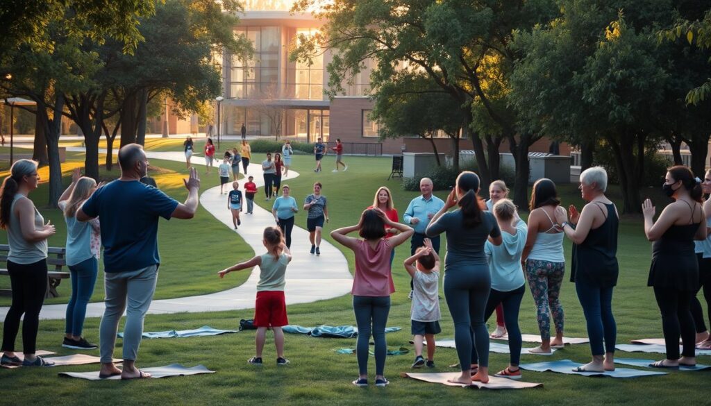 A community park in the morning light, people gathered for a group wellness routine. In the foreground, a diverse group of adults and children stand in a circle, moving through gentle yoga poses together. The middle ground shows a pathway winding through lush greenery, with people walking, jogging, and stretching. In the background, a Live.Learn.Create. pavilion overlooks the scene, its architecture blending modern and natural elements. Soft, warm lighting filters through the trees, creating a serene, uplifting atmosphere. The overall mood is one of community, connection, and shared mindfulness.