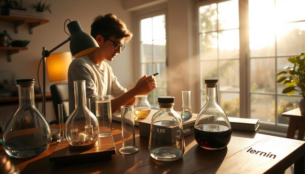 A cozy and bright morning scene with a person sitting at a wooden desk, focused on a science experiment. In the foreground, various scientific instruments and glassware sit on the desktop, casting intriguing shadows. The middle ground features the person's hands carefully manipulating the experiment, their face illuminated by the warm glow of a desk lamp. In the background, a large window offers a view of a tranquil, sunlit garden, creating a sense of calm and inspiration. The lighting is soft and natural, enhancing the atmosphere of personal growth and discovery. Live.Learn.Create.