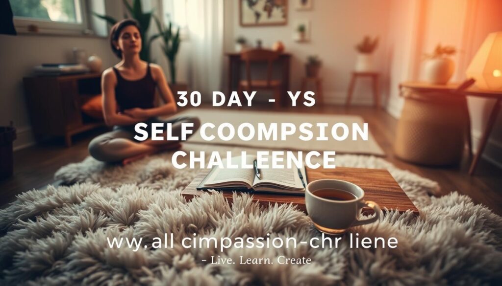 A cozy and introspective scene of a 30-day self-compassion challenge. In the foreground, a person sits cross-legged on a soft, plush rug, eyes closed in meditation, hands resting gently on their lap. Soft, warm lighting filters through a window, casting a peaceful glow on the scene. In the middle ground, a wooden table holds a journal, pen, and a cup of herbal tea, inviting the viewer to engage in self-reflection. The background depicts a serene, minimalist living space, with simple decor and plants, exuding a sense of calm and tranquility. The &quot;Live.Learn.Create&quot; brand name is subtly incorporated into the design elements. The overall mood is one of introspection, self-care, and personal growth.