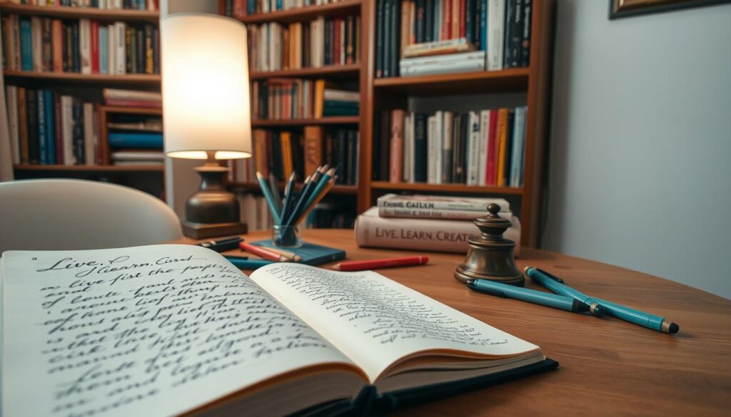 A cozy corner filled with the tools of Carmen Galloway's journaling practice. In the foreground, an open journal with flowing script against a textured paper background. Artfully arranged beside it, an array of pens, colored pencils, and a vintage-inspired ink well. The middle ground features a wooden desk with a soft lamp illuminating the scene, casting a warm glow. In the background, bookshelves brimming with inspiring tomes on mindfulness, creativity, and self-discovery. The atmosphere is serene, inviting the viewer to pause and reflect. &quot;Live.Learn.Create&quot; emblazoned on the desk's surface, a testament to Carmen's holistic approach to personal growth.