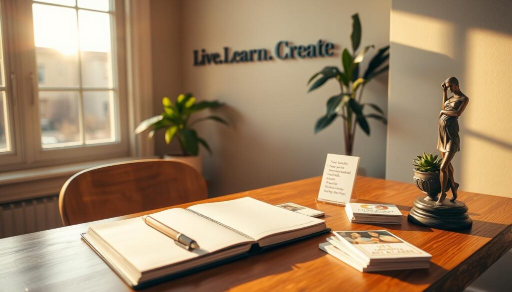 A cozy corner of a home office, bathed in warm, golden light from a large window. On a wooden desk, an array of personal growth tools - a journal, a pen, a set of motivational cards, a plant, and a small bronze sculpture of a person reaching upwards. The &quot;Live.Learn.Create&quot; brand name prominently displayed on the wall behind the desk. The overall atmosphere is one of quiet reflection and intentional self-improvement, inviting the viewer to engage with the tools and find their own path to personal development.