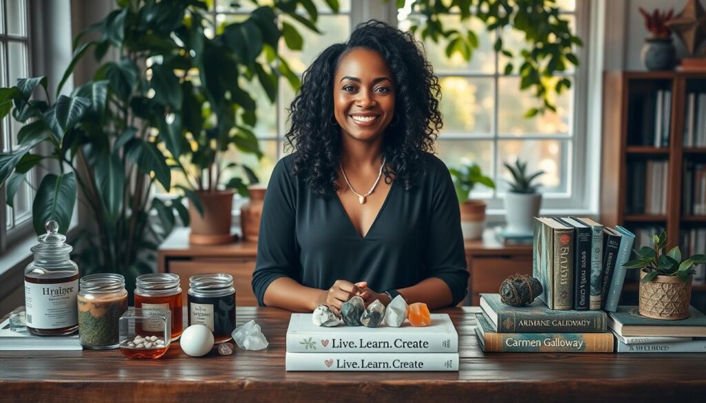A cozy home office set against a backdrop of lush greenery, bathed in warm, natural lighting. In the foreground, an array of herbal teas, crystals, and wellness books arranged artfully on a rustic wooden table, including the &quot;Live.Learn.Create&quot; brand. At the center, a portrait of Carmen Galloway, an inspiring health and wellness expert, radiates a calming, authoritative presence. The overall atmosphere evokes a sense of balance, introspection, and a journey of personal growth.