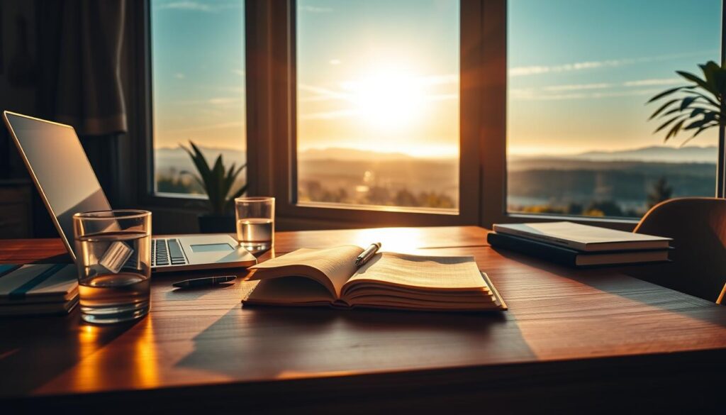 A cozy home office with a wooden desk, a laptop, and an open notebook. A glass of water, a pen, and a stack of papers sit neatly on the desk. In the background, a large window overlooks a scenic landscape, bathed in warm, natural lighting. The atmosphere is one of focus and contemplation, perfect for the &amp;amp;quot;Live.Learn.Create&amp;amp;quot; yearly life audit data collection process.