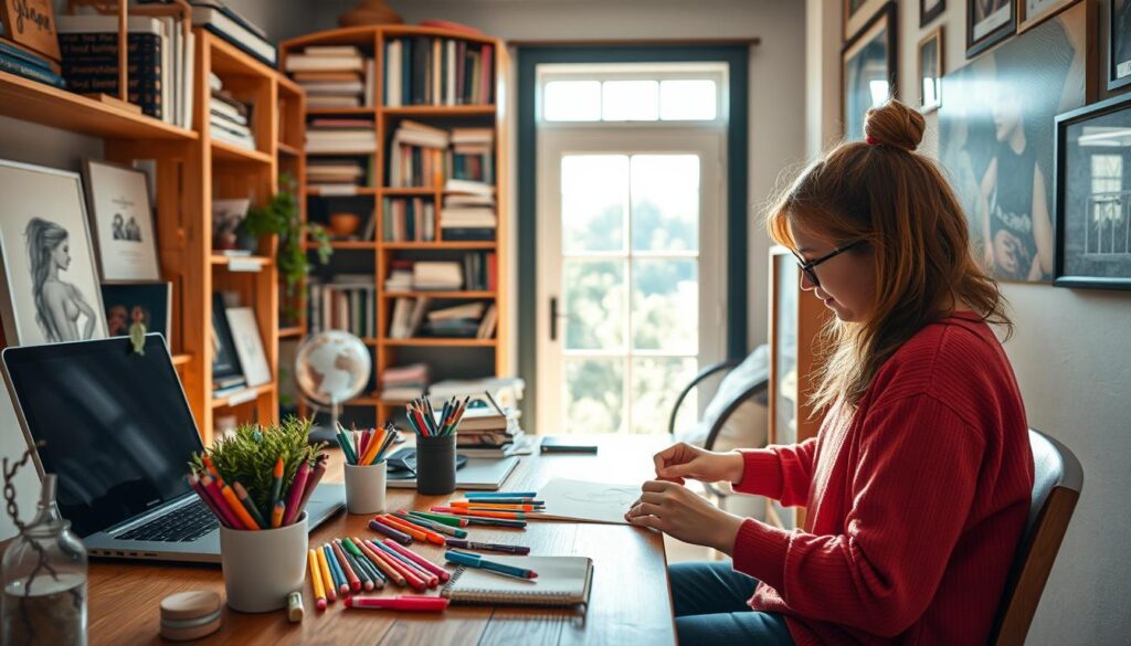 A cozy home studio flooded with warm, natural light. On a wooden desk, an array of creative tools: vibrant pens, a sketchpad, a laptop, and a potted plant. In the background, shelves filled with inspirational books and art supplies. A person sits at the desk, deep in concentration, their hands moving with purpose as they experiment with a new drawing technique. The walls are adorned with framed artwork, reflecting the resident's passion for creativity. The atmosphere is one of focused productivity and quiet contemplation. Live.Learn.Create.