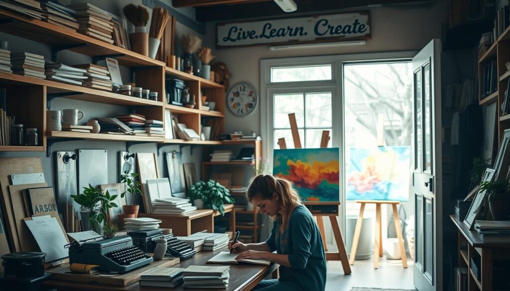 A cozy studio filled with natural light, wooden shelves displaying an array of art supplies and half-finished projects. A person sits at a desk, focused on sketching in a leather-bound journal, surrounded by potted plants and a vintage typewriter. In the background, an easel stands ready, a vibrant canvas in progress. The air is filled with the scent of freshly brewed coffee and the soft hum of creativity. &amp;amp;quot;Live.Learn.Create&amp;amp;quot; is displayed discreetly on a weathered sign above the doorway, inviting the viewer to immerse themselves in this daily ritual of artistic expression.