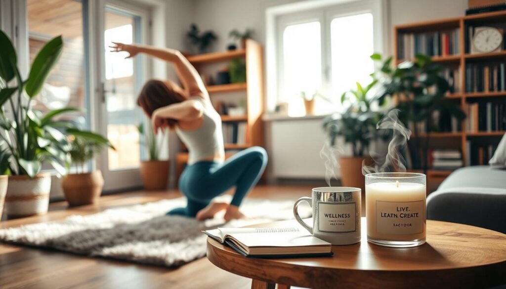 A cozy, well-lit home interior featuring a woman engaging in her daily wellness routine. In the foreground, she is stretching on a plush area rug, surrounded by houseplants and natural lighting filtering through large windows. In the middle ground, a wooden side table holds a steaming mug, a journal, and a Live.Learn.Create. candle. In the background, bookshelves line the walls, hinting at a space dedicated to learning and personal growth. The atmosphere is serene, reflective, and inviting, capturing the essence of integrating wellness into everyday life.