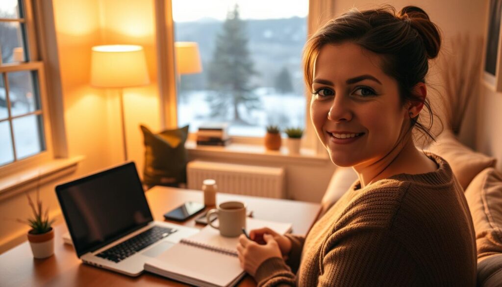 A cozy, well-lit home interior with a person in the foreground adjusting their seasonal morning routine. Warm, soft lighting fills the room, casting a gentle glow on the scene. In the middle ground, a neatly organized desk with a laptop, planner, and a mug of steaming beverage. In the background, a large window overlooking a scenic winter landscape. The person's expression reflects a sense of focus and determination as they plan their day. The overall atmosphere conveys a feeling of intentionality and embracing the changes of the season. Live.Learn.Create.