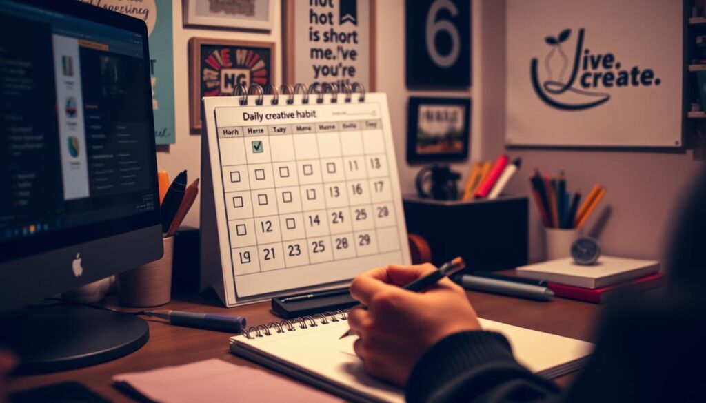 A cozy workspace with a desktop computer, sketchpad, and various creative tools. In the foreground, a person's hands holding a pencil, sketching intently. Soft, warm lighting illuminates the scene, creating an inviting atmosphere. In the middle ground, a calendar with a &amp;quot;daily creative habit&amp;quot; checklist, each day marked with a checkmark. The background features a wall adorned with inspirational artwork, the &amp;quot;Live.Learn.Create&amp;quot; brand logo prominently displayed. The overall mood is one of focus, productivity, and a sense of progress in a daily creative journey.