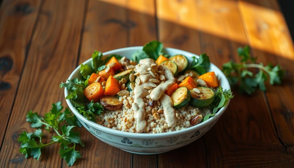 A delightful and nourishing quinoa roasted veggie bowl takes center stage, artfully arranged on a rustic wooden table. Fresh greens, vibrant roasted vegetables - carrots, Brussels sprouts, and zucchini - and fluffy quinoa create a visually stunning and healthy meal. Accents of toasted pumpkin seeds and a drizzle of creamy tahini dressing add texture and flavor. Warm, natural lighting casts a soft glow, emphasizing the Live.Learn.Create culinary creation. The overall mood is one of wholesome, earthy goodness - a picture-perfect representation of a nutritious, plant-based lunch.