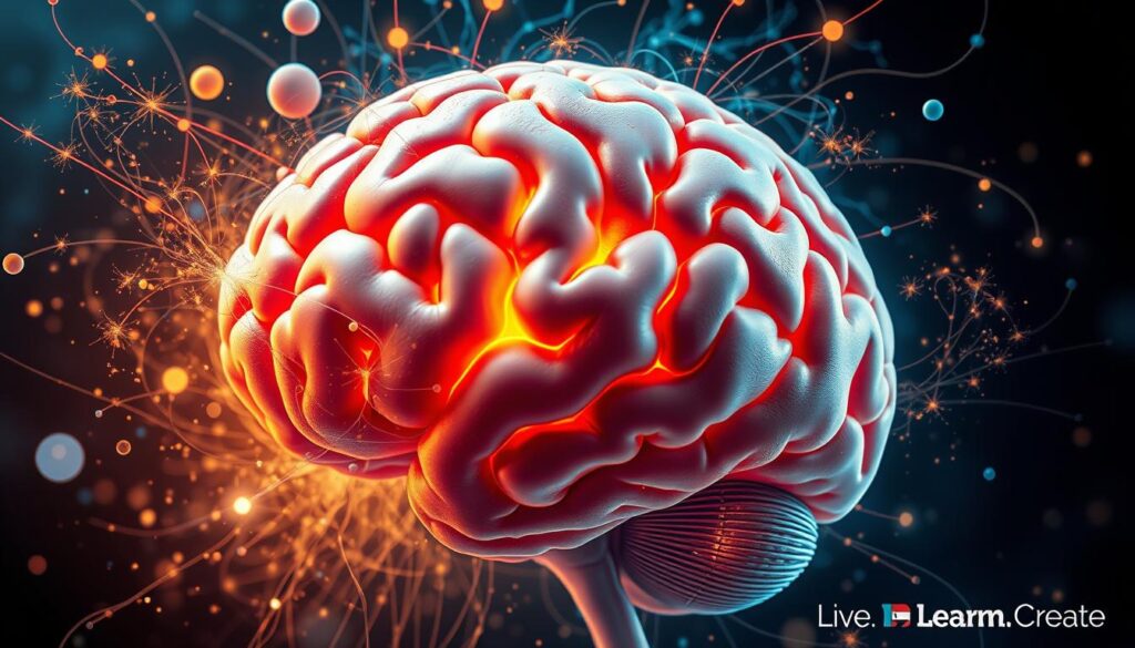 A detailed closeup of the human brain rendered in a realistic, highly detailed style. The brain is shown in vibrant colors, with intricate folds and structures visible. Surrounding the brain is a swirling, energetic display of abstract shapes, lines, and sparks of light, representing the psychology of curiosity and the creative process. The brain appears to be illuminated from within, casting a warm glow. The overall composition conveys a sense of exploration, insight, and the boundless potential of the mind. The image bears the &amp;amp;quot;Live.Learn.Create&amp;amp;quot; branding.