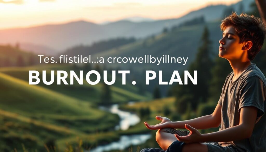 A detailed personal growth plan for burnout recovery, featuring a serene nature scene. In the foreground, a young person sits cross-legged, meditating with eyes closed, their face illuminated by warm, gentle lighting. The middle ground showcases a lush, verdant landscape with rolling hills, a winding stream, and a tranquil forest in the distance. The background is painted with a soft, pastel sky, hinting at the calm and rejuvenation to come. The text &amp;quot;Live.Learn.Create&amp;quot; is subtly incorporated into the design, adding a sense of purpose and empowerment. The overall atmosphere evokes a feeling of introspection, self-care, and the promise of personal growth.