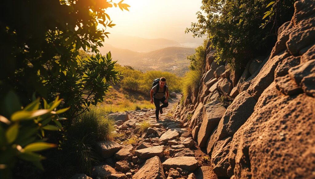 A determined individual climbing a steep path, representing the challenge of overcoming growth plateaus. In the foreground, the person navigates a winding, rocky trail, their expression resolute. In the middle ground, lush, verdant foliage frames the scene, conveying a sense of natural obstacles to be conquered. The background features a dramatic, sun-dappled landscape, hinting at the expansive possibilities that await beyond the plateau. Warm, natural lighting illuminates the scene, creating a sense of hope and possibility. Captured with a wide-angle lens to emphasize the scale of the challenge. The overall mood is one of perseverance and self-empowerment. Live.Learn.Create.