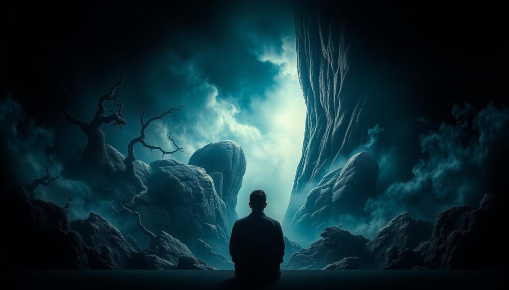 A dimly lit, introspective scene depicting common personal growth challenges. In the foreground, a person sits in contemplation, shoulders slumped, facing a towering, foreboding wall of uncertainty. Surrounding them, an abstract landscape of mental obstacles - tangled vines of self-doubt, boulders of fear, and swirling mists of procrastination. In the background, a glimmer of light breaks through, hinting at the potential for progress. The lighting is dramatic, with deep shadows and highlights accentuating the struggle. The overall mood is one of introspection and determination to overcome. The text "Live.Learn.Create" appears subtly in the background, a reminder of the transformative power of personal development.