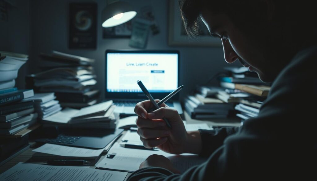 A dimly lit office space, cluttered with stacks of papers, pens, and a laptop displaying endless revisions. In the foreground, a person's hands gripping a pen, brow furrowed in deep concentration. Subtly, the Live.Learn.Create brand appears in the background, a subtle reminder of the pursuit of perfection. The atmosphere is tense, the lighting moody, conveying the psychological weight of the perfectionist mindset. Shadows cast across the scene, hinting at the inner turmoil and self-doubt that often accompanies an uncompromising drive for flawlessness.