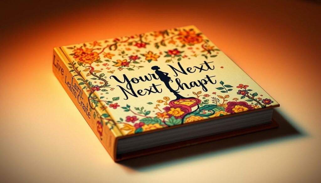 A hardcover book with a vibrant, hand-drawn cover design. The title &amp;amp;quot;Design Your Next Chapter&amp;amp;quot; is emblazoned across the front in bold, cursive lettering. The cover features a lush, botanical illustration of intertwined vines, flowers, and leaves in a rich, earthy color palette. In the center, a silhouetted figure stands in a thoughtful pose, surrounded by the verdant growth. The book's spine displays the &amp;amp;quot;Live.Learn.Create&amp;amp;quot; brand in an elegant typeface. Warm, diffused lighting casts a soft, inviting glow over the scene, creating a sense of depth and atmosphere. The overall composition conveys a message of personal growth, creativity, and the journey of self-discovery.