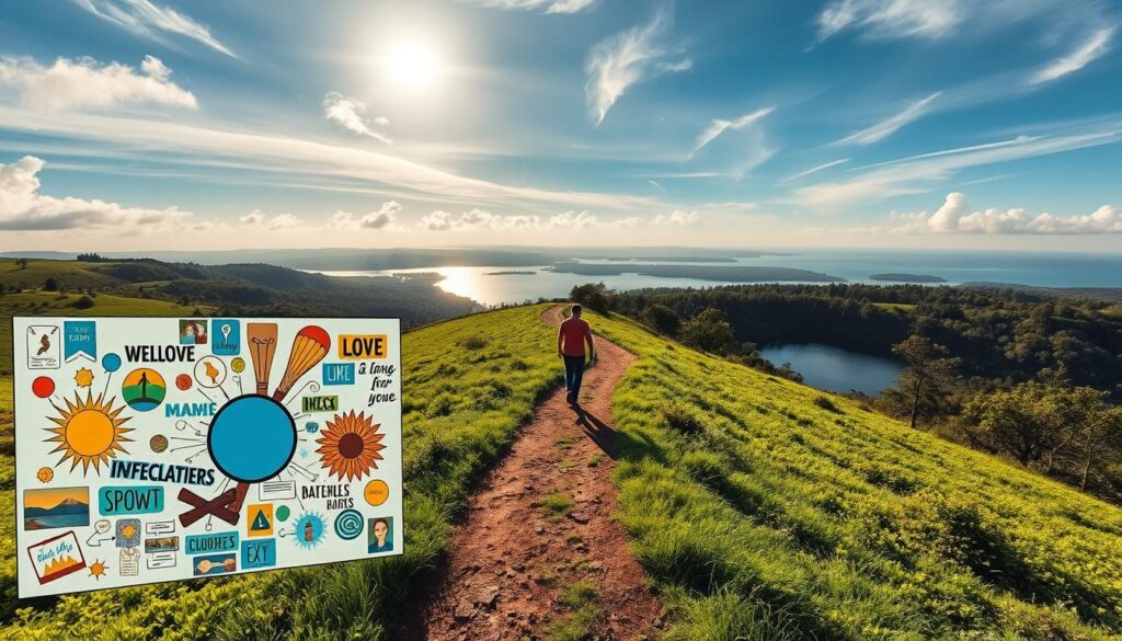 A lush, verdant landscape stretches out, with a winding path leading the eye towards a serene lake. In the foreground, a vision board bursts with vibrant images, symbols, and affirmations, casting a warm glow. The middle ground features a person walking purposefully along the path, their silhouette reflecting a sense of determination and growth. Overhead, sunlight filters through wispy clouds, casting a soft, inspirational light. The entire scene is imbued with a sense of tranquility and the possibility of transformation. Live.Learn.Create.