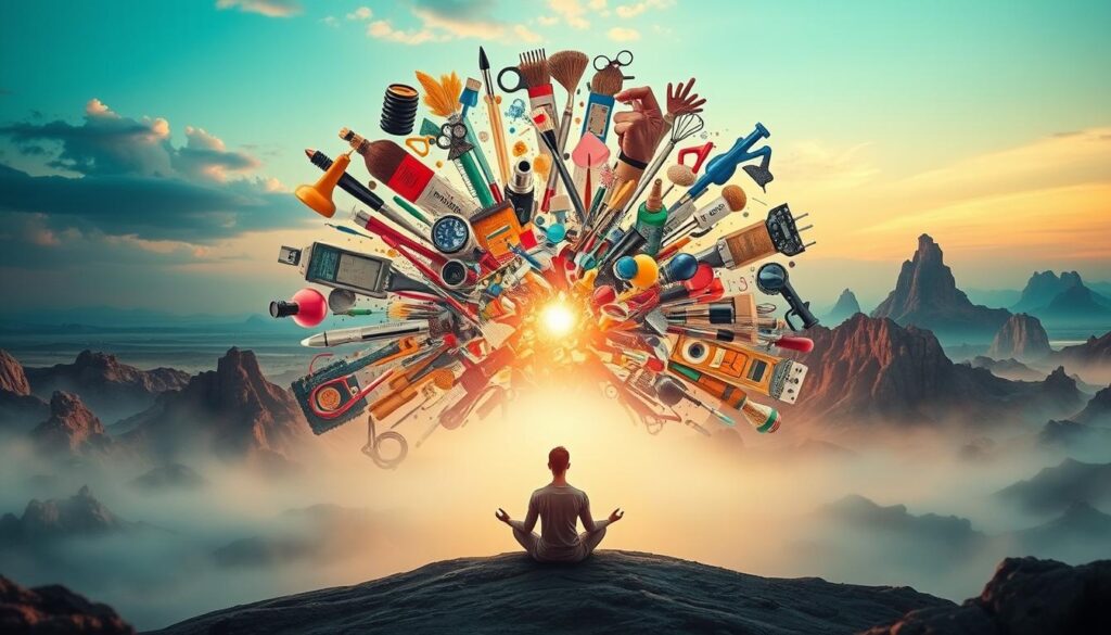 A mesmerizing spectrum of creative cycles, like a constantly revolving wheel. In the foreground, a tranquil figure meditates, embracing the natural rhythms of inspiration and rest. The middle ground features an explosion of artistic tools and media, representing the vibrant phases of ideation and experimentation. In the distant background, a surreal landscape morphs and evolves, mirroring the ever-changing nature of the creative process. Soft, warm lighting bathes the scene, infusing it with a sense of introspection and growth. Captured through the lens of a vintage camera, the image evokes a timeless, analogue quality. Live.Learn.Create.
