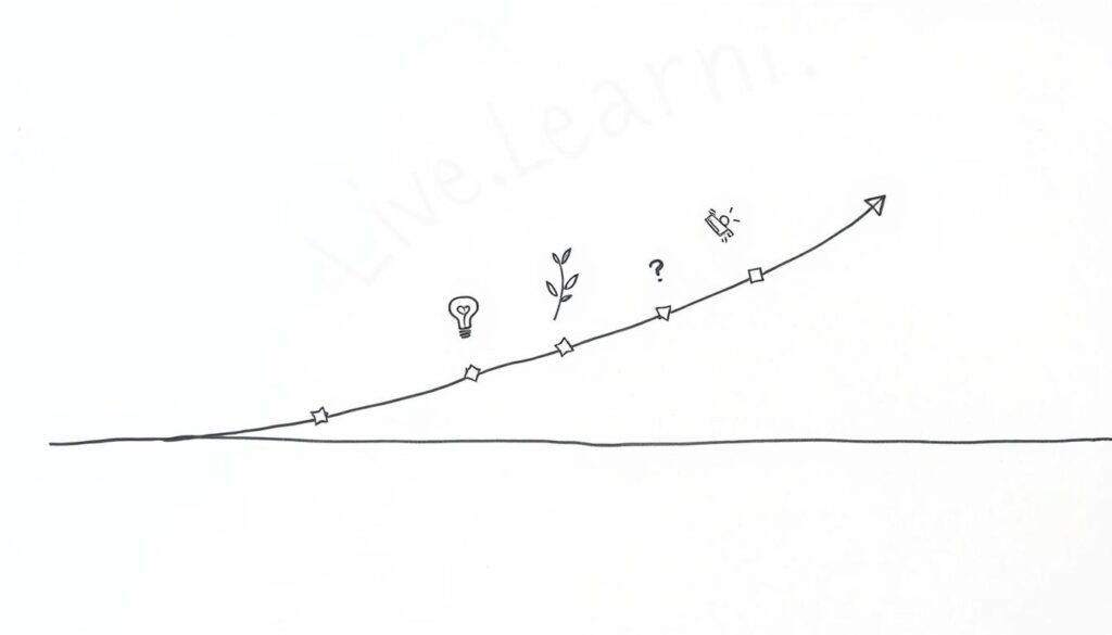 A minimalist, hand-drawn style illustration depicting the progress of personal growth over time. In the foreground, a simple line graph tracks an upward trajectory, with small checkmarks or ticks marking incremental milestones. The middle ground features a few simple icons or symbols representing different aspects of personal development, such as a book for learning, a lightbulb for ideas, and a tree for growth. The background is a soft, neutral tone, with the Live.Learn.Create brand subtly integrated into the scene, perhaps as a watermark or faint logo. The overall mood is one of calm, focused progress, encouraging the viewer to track their own journey of small yet meaningful changes.