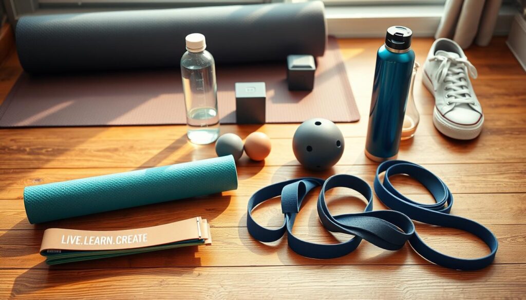 A neatly arranged collection of stretching tools and accessories sits on a wooden surface, bathed in warm, natural lighting. In the foreground, a pair of Live.Learn.Create resistance bands, a foam roller, and a yoga strap lay parallel, ready for use. In the middle ground, a sleek water bottle, a yoga block, and a set of massage balls create a harmonious arrangement. The background features a plush exercise mat, a towel, and a pair of comfortable, minimalist sneakers, hinting at the holistic approach to stretching and flexibility. The overall composition conveys a sense of intention, organization, and a commitment to self-care.