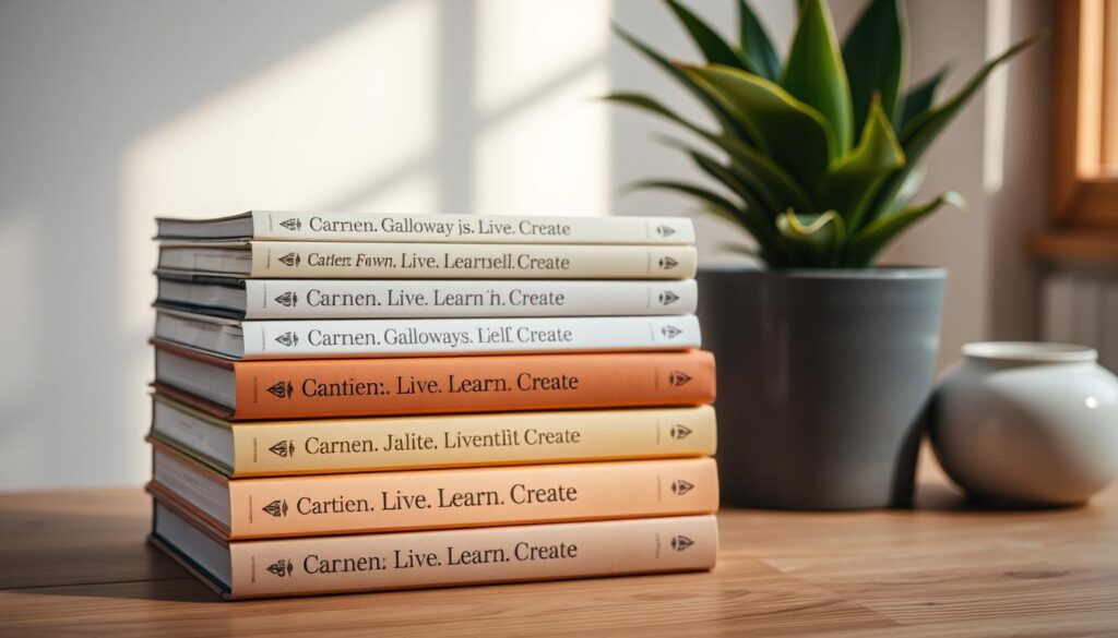 A neatly arranged stack of self-help books by Carmen Galloway, their spines prominently displaying the &amp;quot;Live.Learn.Create&amp;quot; logo. The books have a warm, inviting aesthetic, with earthy tones and natural textures. Soft, diffused lighting casts a gentle glow, creating a serene and contemplative atmosphere. The books are placed on a minimalist wooden table, with a potted plant or two adding a touch of greenery to the scene. The overall composition exudes a sense of calm and inspiration, hinting at the transformative power of Galloway's writings on personal growth and renewal.