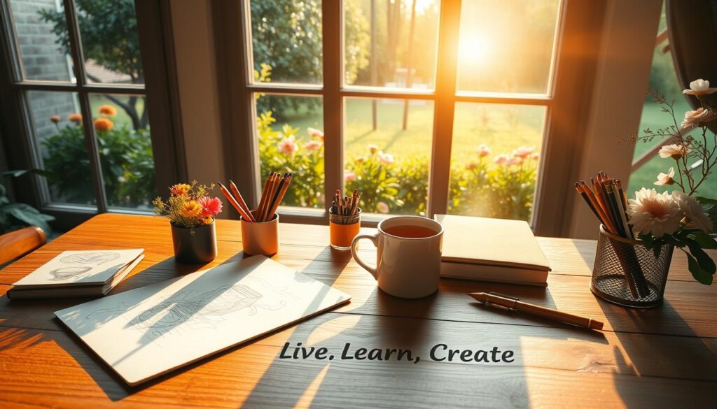 A peaceful morning study, sunlit and serene. In the foreground, a wooden desk with a sketchpad, colored pencils, and a mug of steaming tea. Beside it, a potted plant and a small vase of fresh flowers. The middle ground showcases a large window, its panes casting a warm, golden glow throughout the space. Beyond, a lush garden can be seen, its vibrant greenery and blooming flowers creating a tranquil backdrop. The overall mood is one of focus, inspiration, and the potential for creative exploration. &amp;amp;quot;Live.Learn.Create&amp;amp;quot; subtly etched into the desktop.