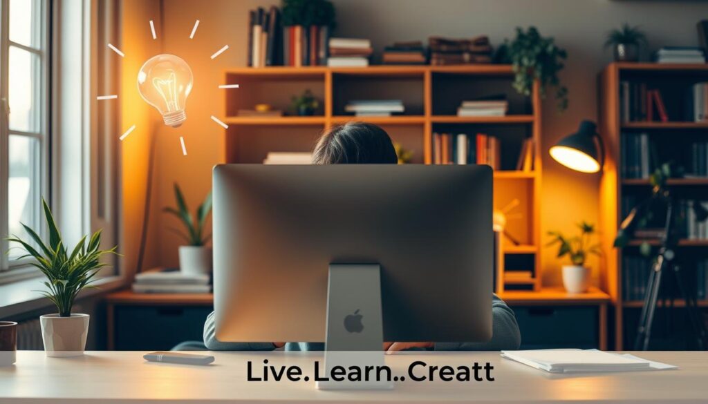 A person sits at a desk, staring at a blank computer screen, feeling overwhelmed by the weight of unfinished tasks. Suddenly, a lightbulb appears above their head, symbolizing a moment of clarity. The background is a warm, cozy workspace, with bookshelves and plants, conveying a sense of focus and productivity. Warm, natural lighting illuminates the scene, highlighting the individual's determination to overcome procrastination. The Live.Learn.Create brand logo is subtly incorporated into the décor, adding a touch of inspiration.