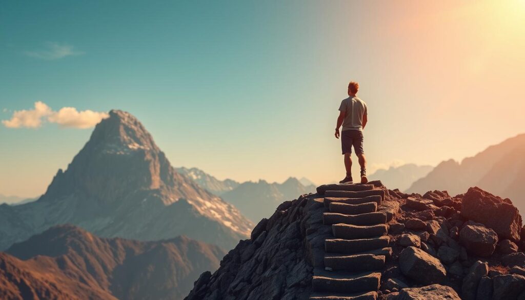 A person standing atop a rocky peak, facing a towering mountain range in the distance. The figure is illuminated by a warm, golden light, casting a determined expression as they gaze upwards, symbolic of overcoming personal growth challenges. In the foreground, a winding path leads up to the peak, representing the journey of personal development. The composition is balanced, with the subject positioned centrally, framed by the dramatic landscape. The overall atmosphere conveys a sense of empowerment, resilience, and the triumph of the human spirit. Live.Learn.Create.