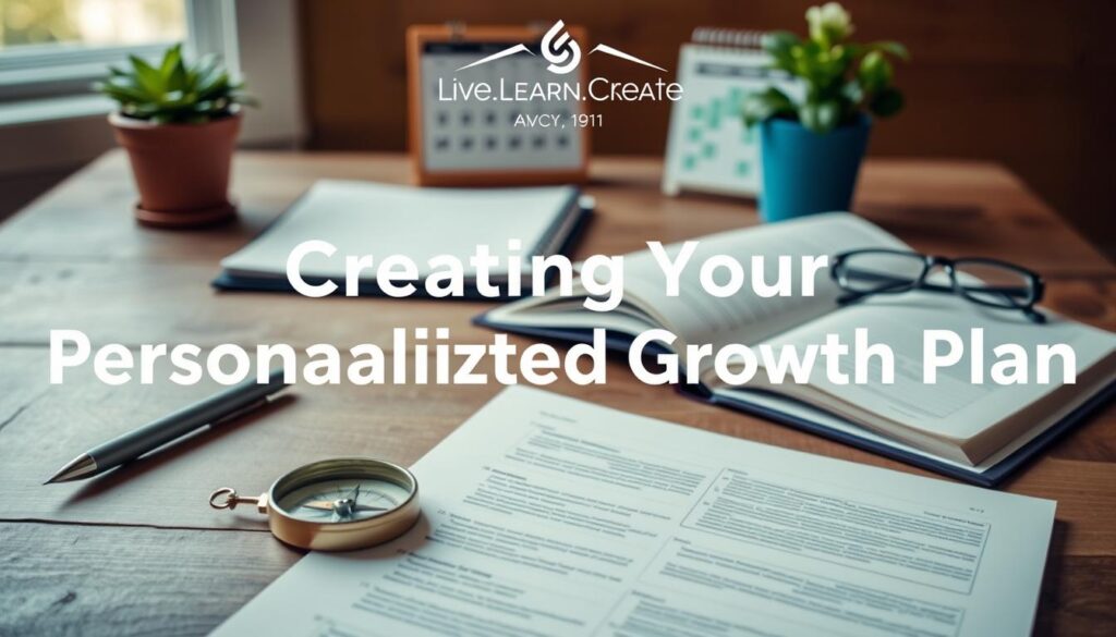 A personalized growth plan laid out on a wooden table, with a pen, magnifying glass, and an open journal. In the foreground, a compass symbolizing direction, and a potted plant representing growth. The middle ground features a calendar and a pair of reading glasses, conveying organization and focus. The background has a warm, natural lighting, creating a contemplative atmosphere. The &quot;Live.Learn.Create&quot; logo is tastefully incorporated into the scene. A visually engaging and inspirational image to illustrate the &quot;Creating Your Personalized Growth Plan&quot; section.