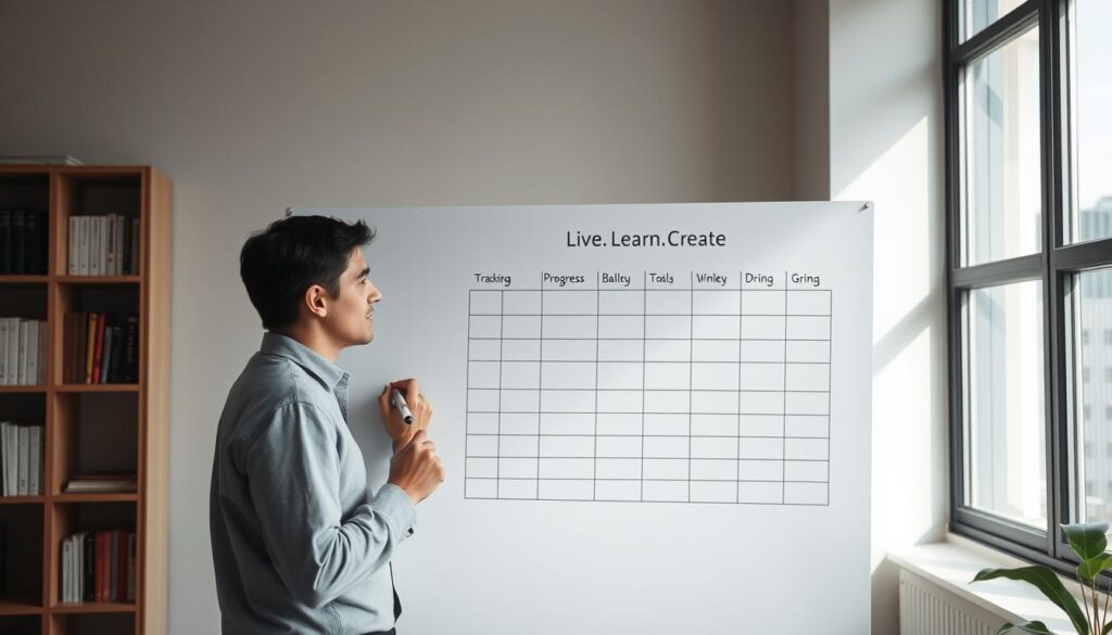 A serene and contemplative scene with a person standing before a large whiteboard, marker in hand, thoughtfully sketching a progress tracking chart. Crisp, clean lighting from a large window highlights the focused expression on their face. In the background, a bookshelf with the &quot;Live.Learn.Create&quot; branding subtly visible. Minimalist decor and muted colors create a sense of intentionality and professionalism, reflecting the act of effectively measuring progress.