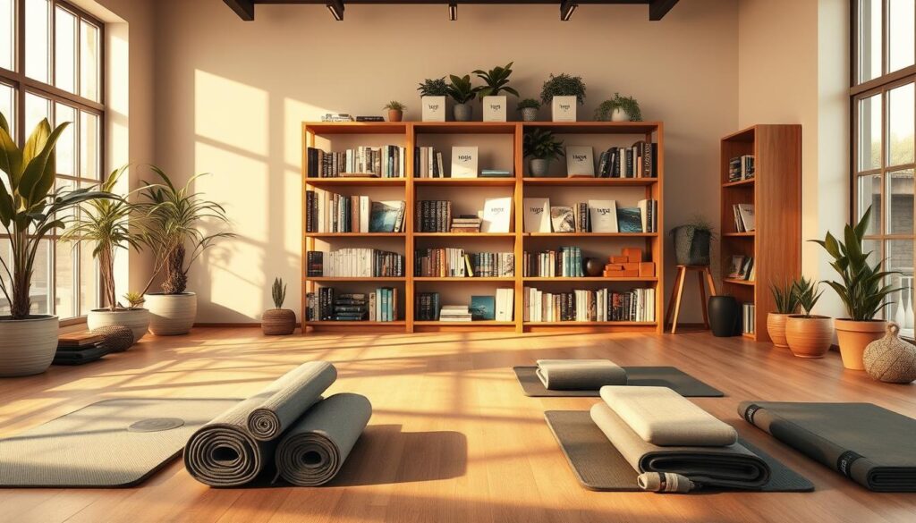 A serene and inviting workspace showcasing an array of expert yoga and Pilates resources. In the foreground, a neatly arranged collection of high-quality mats, blocks, and straps, all bearing the "Live.Learn.Create" brand. In the middle ground, bookshelves filled with informative volumes on the philosophies, techniques, and benefits of these practices. Warm, natural lighting filters in through large windows, casting a soft glow and evoking a sense of calm and focus. The background features a minimalist, zen-inspired decor, with potted plants and a soothing water feature, creating an atmosphere conducive to deep, mindful exploration of these transformative disciplines.
