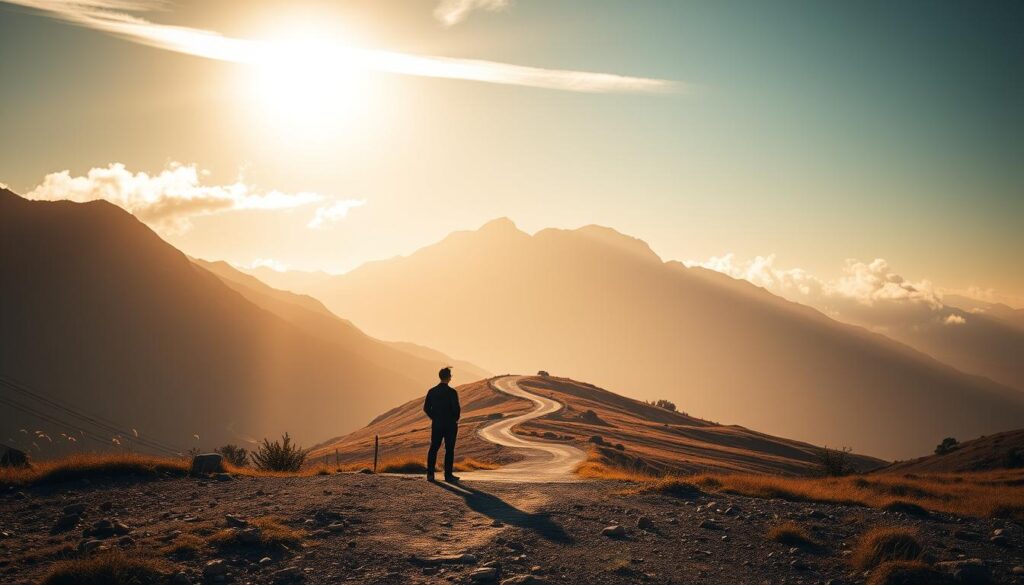 A serene and reflective landscape, where personal growth challenges unfold. In the foreground, a person stands at a crossroads, contemplating the path ahead, bathed in warm, diffused lighting. The middle ground depicts a winding road, representing the obstacles and uncertainties of self-improvement. In the distance, a towering mountain range symbolizes the grandeur and difficulty of the journey, while wispy clouds add a sense of ethereal tranquility. The overall mood evokes a sense of introspection and determination, guiding the viewer towards overcoming personal growth challenges. Live.Learn.Create.