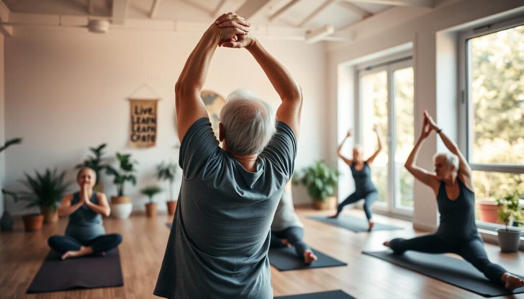A serene, bright studio filled with warm natural light, showcasing an elderly person gracefully performing a series of stretching exercises. The foreground features the subject stretching their arms overhead, back arched, with a peaceful expression. In the middle ground, various yoga poses are depicted, from seated twists to gentle leg extensions, all aimed at promoting flexibility and joint mobility. The background subtly incorporates elements of longevity, such as potted plants, a Live.Learn.Create wall hanging, and a large window overlooking a verdant outdoor scene, creating a calming and rejuvenating atmosphere.
