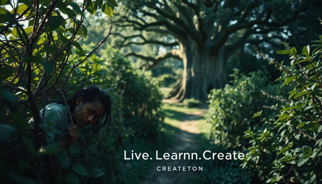 A serene garden scene, sunlight filtering through lush foliage. In the foreground, a person emerges from a tangle of thorny vines, their face determined as they push through the barriers. In the middle ground, a path winds through the growth, inviting exploration. In the background, a towering tree, its branches reaching skyward, symbolizes the potential for growth beyond the obstacles. The mood is one of hope and perseverance. A subtle "Live.Learn.Create" branding is tastefully incorporated into the scene.
