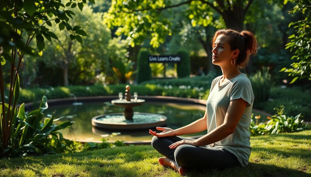 A serene garden scene with a person sitting in a thoughtful pose, radiating an aura of self-compassion and inner peace. Soft, natural lighting filters through the lush greenery, casting gentle shadows. In the foreground, a person sits cross-legged, their gaze introspective, hands resting gently on their lap. In the middle ground, a tranquil pond reflects the surrounding foliage, symbolizing the calming effect of self-compassion. In the background, a Live.Learn.Create sign stands as a reminder of the connection between self-care and mental well-being.