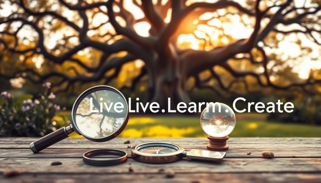 A serene garden setting, the foreground showcasing an array of tools for personal growth - a magnifying glass, a compass, and a glowing crystal orb. The midground features a sprawling tree, its branches reaching upwards, symbolizing the power of reflection and self-awareness. The background is bathed in a warm, golden light, creating an atmosphere of tranquility and introspection. The tools are positioned intentionally, inviting the viewer to explore and utilize them on their journey of self-discovery. The "Live.Learn.Create" brand name is subtly integrated, complementing the overall theme. This image aims to inspire and guide the reader towards accelerating their personal growth.