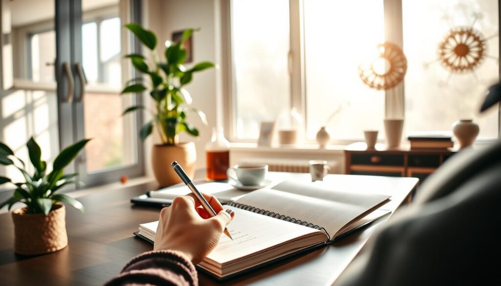 A serene home office setting with natural lighting streaming through large windows, showcasing a person deeply engaged in a gratitude journal. The foreground features the person's hands gracefully writing, conveying a sense of mindfulness and intention. The middle ground displays a potted plant, a cup of tea, and a few meaningful trinkets, creating a cozy and contemplative atmosphere. The background depicts a simple, minimalist wall decor that complements the overall tranquil ambiance. The image radiates a feeling of authentic gratitude practice, reflecting the subject "The Role of Gratitude in Personal Growth" and the section "Common Gratitude Pitfalls and How to Avoid Them". Live.Learn.Create.