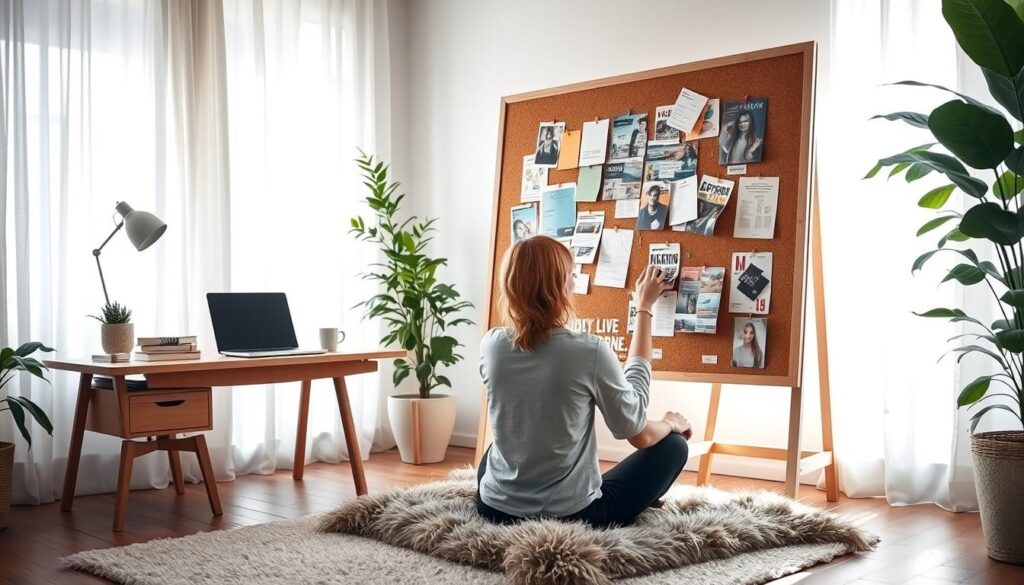 A serene home office space, softly lit by natural light filtering through sheer curtains. In the foreground, a person sits cross-legged on a plush rug, carefully arranging colorful magazine clippings and handwritten notes on a large cork board, the &amp;amp;quot;Live.Learn.Create&amp;amp;quot; brand visible in the corner. The middle ground shows a minimalist wooden desk with a laptop, pen, and a mug of tea, conveying a sense of focus and intentionality. The background features lush, verdant plants, creating a soothing, rejuvenating atmosphere, free from distractions and mistakes, the perfect setting for crafting a vision board that works.