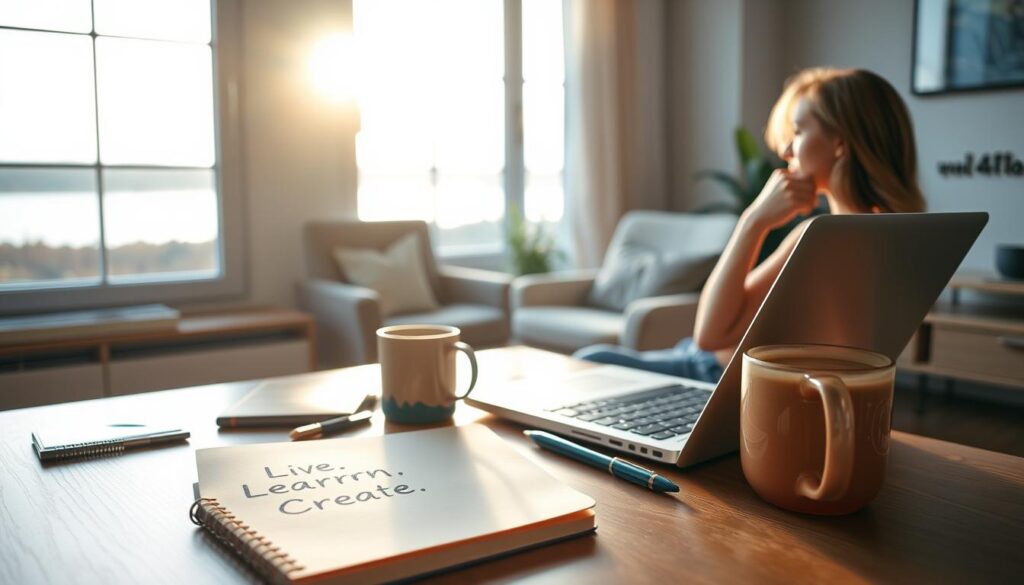 A serene home office with an open laptop, a mug of coffee, and a thoughtful person gazing out the window. Soft, natural lighting filters through a large window, casting a warm, contemplative glow. In the foreground, a neatly organized desk with a Live.Learn.Create notebook, a pen, and a few inspirational items. The middle ground features a cozy armchair and a potted plant, symbolizing personal growth. The background depicts a tranquil outdoor scene, hinting at the broader world of possibilities. The overall mood is one of introspection, self-discovery, and the anticipation of new opportunities.