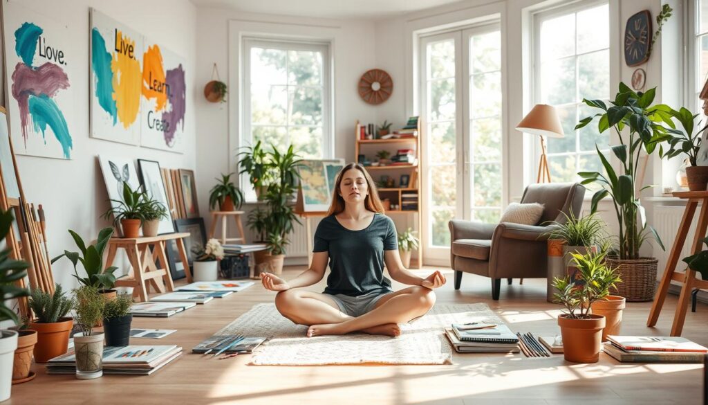A serene home studio filled with natural light, potted plants, and an array of art supplies. In the foreground, a woman sits cross-legged on the floor, her eyes closed in meditation, exuding a sense of creative confidence. Surrounding her, vibrant brushstrokes, sketchbooks, and the words &quot;Live.Learn.Create&quot; adorn the walls, inspiring and guiding her daily practice. The middle ground features a cozy reading nook with a plush armchair, inviting contemplation. In the background, large windows overlook a tranquil garden, the soothing sounds of nature providing a calming backdrop. The overall atmosphere is one of mindfulness, introspection, and the nurturing of the creative spirit.