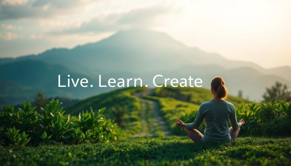 A serene, introspective scene of personal growth and self-discovery. In the foreground, a person sits in a meditative pose, surrounded by lush, vibrant greenery and a soft, diffused light. The middle ground features a winding path leading to a distant horizon, symbolizing the journey of personal transformation. In the background, a majestic mountain range rises, evoking a sense of grandeur and possibility. The overall atmosphere is one of tranquility, contemplation, and the promise of growth. The text &quot;Live.Learn.Create&quot; is subtly integrated into the natural elements, reflecting the holistic nature of personal development. This image captures the essence of defining one's personal growth vision.