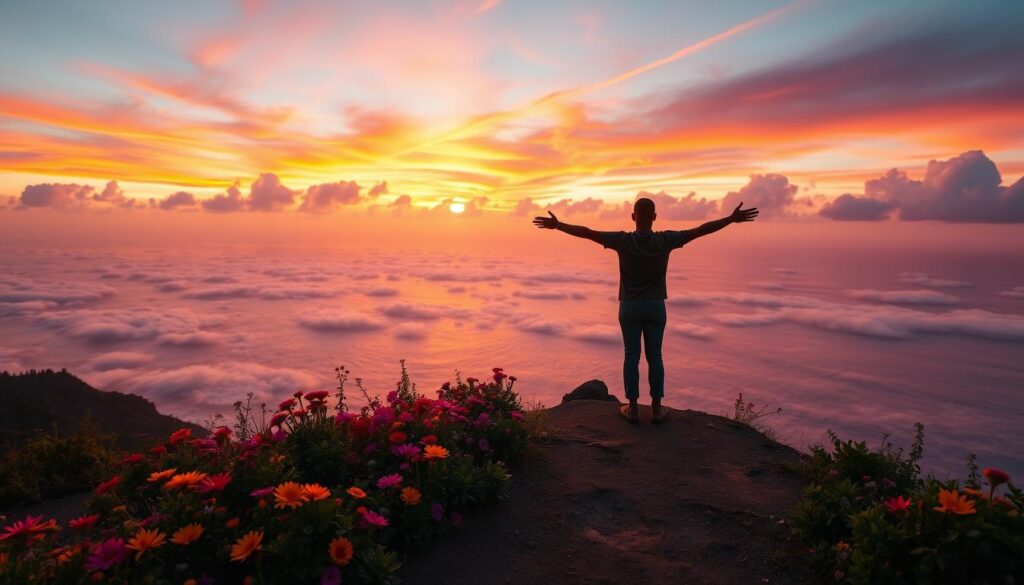 A serene landscape, a person standing on a cliff overlooking a vast, rolling sea. The sky is ablaze with vibrant hues of orange and pink, casting a warm glow over the scene. The person's silhouette is highlighted, their arms outstretched as if embracing the transformative power of personal growth. In the foreground, a flourishing garden of vibrant flowers and lush greenery symbolizes the blossoming of the individual. A single beam of light pierces through the clouds, illuminating the path ahead. The overall atmosphere is one of tranquility, reflection, and a sense of personal renewal. Live.Learn.Create.