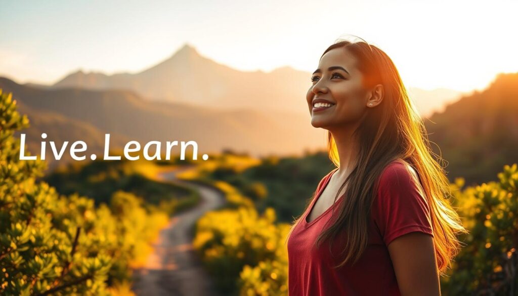 A serene landscape bathed in warm, golden light. In the foreground, a woman stands tall, her expression radiant as she gazes inward, embodying the transformative power of personal growth. Behind her, a winding path leads through lush, verdant foliage, symbolizing the journey of self-discovery. In the distance, a stunning mountain range rises, its peaks reaching towards the sky, a metaphor for the limitless potential of the human spirit. The entire scene is infused with a sense of tranquility and inner peace, inviting the viewer to reflect on the benefits of personal growth. The text &amp;amp;quot;Live.Learn.Create&amp;amp;quot; is subtly woven into the natural elements, a reminder that true fulfillment comes from embracing one's own journey of transformation.