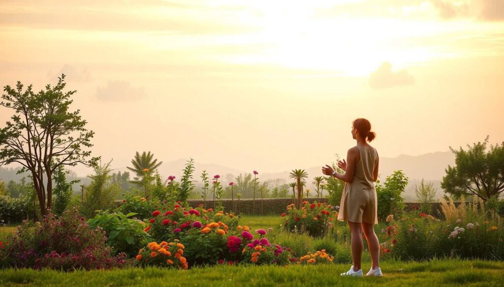 A serene landscape depicts the interwoven nature of social growth relationships. In the foreground, two individuals stand facing each other, their bodies language conveying a sense of openness and connection. The middle ground showcases a vibrant garden, where colorful flowers and lush greenery symbolize the nourishment and flourishing that can occur within supportive relationships. In the background, a warm, golden-hued sky with soft clouds suggests an atmosphere of tranquility and emotional growth. The overall scene is captured through a wide-angle lens, providing a comprehensive view of the interplay between the individual, the natural world, and the power of interpersonal bonds. Live.Learn.Create.