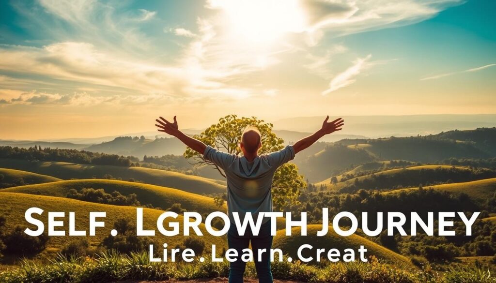 A serene landscape of rolling hills and lush greenery, illuminated by warm, golden sunlight streaming through wispy clouds. In the foreground, a person stands with arms outstretched, embracing their personal growth journey, with a sense of newfound confidence and inner peace. In the middle ground, a tree with vibrant leaves symbolizes the blossoming of self-discovery, while in the background, a distant horizon suggests the boundless possibilities that await. The image conveys a message of self-empowerment and the transformative power of personal growth. &amp;amp;quot;Live.Learn.Create&amp;amp;quot;