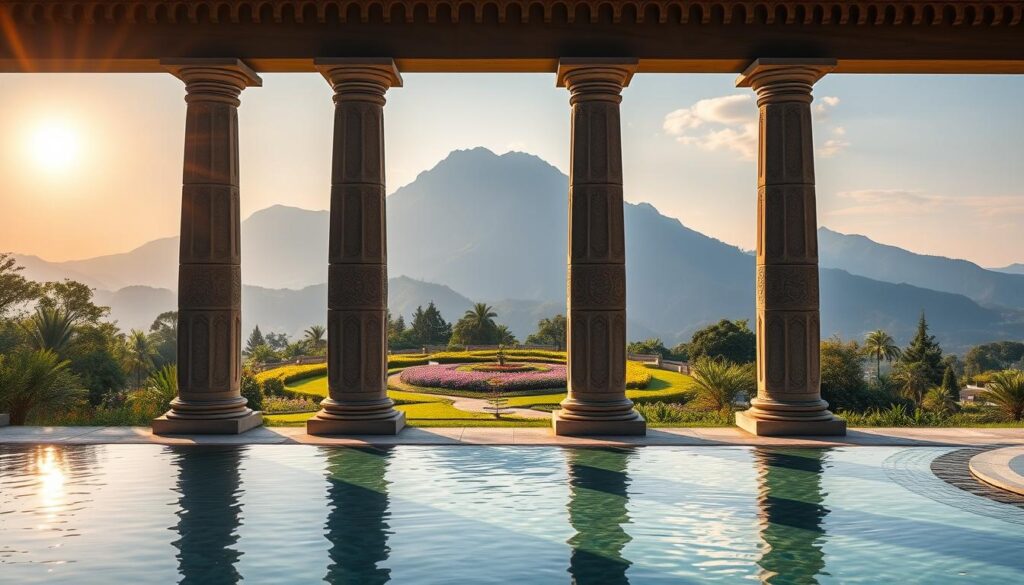 A serene landscape with five magnificent stone pillars, each representing a key element of gratitude-based personal development. The pillars stand tall, their surfaces etched with intricate patterns, casting long shadows as the warm sun illuminates the scene. In the foreground, a tranquil pool reflects the pillars, creating a sense of balance and harmony. The middle ground features a lush, verdant garden, with vibrant flowers and flourishing greenery, symbolizing the growth that gratitude cultivates. The background showcases a majestic mountain range, evoking a sense of grandeur and timelessness. The overall atmosphere is one of contemplation, inspiration, and the transformative power of gratitude. Live.Learn.Create.